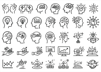 Aufkleber - Collection of stylized line art icons representing human heads, brains, and data visualization concepts for business and technology themes