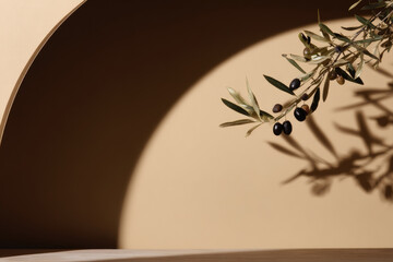 Aufkleber - Minimalist neutral scene with gentle arch shadow, olive branch, green leaves, and black olives, creating calm, natural, and elegant atmosphere with soft light and smooth background