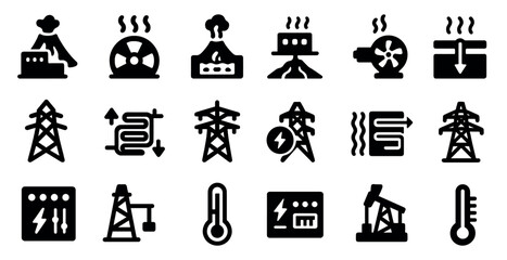 Poster - Energy and industry solid icons set – power, engineering, infrastructure symbols