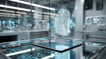 Poster - Exploring advanced biometric technology with eye-scanning and fingerprint recognition in a modern laboratory