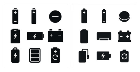Poster - Battery and energy solid icons set – power, filled, rechargeable device symbols
