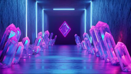 Poster - Futuristic corridor with glowing crystals and neon lights creates a vibrant, enchanting atmosphere, Futuristic corridor with glowing crystals and neon lights