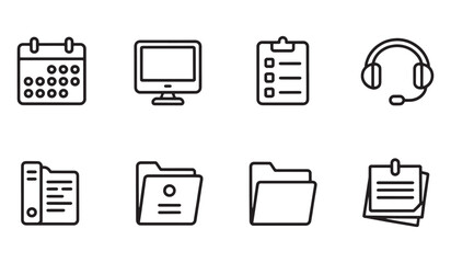 Poster - Black outline icons of calendar computer headphones clipboard folders and notes on white background desktop