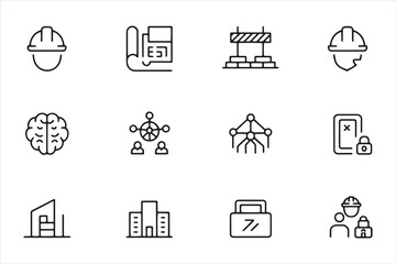Fototapete - Collection of twelve black line art icons representing construction safety and business concepts on a white background