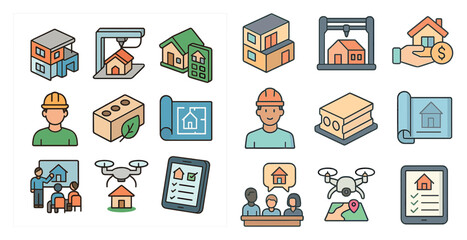 Poster - Construction and architecture flat icons set – blueprint, building, planning symbols