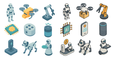 Poster - Robotics and technology isometric icons set – automation, ai, innovative symbols