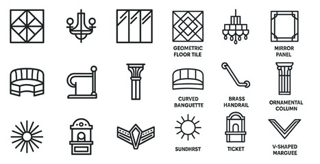 Poster - Architectural outline icons set – linear, silhouette, design and construction elements