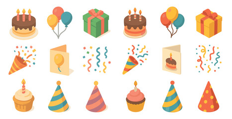 Poster - Birthday and party isometric icons set – celebration, festive, event symbols