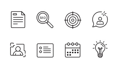 Fototapete - Set of eight black outline icons for business and marketing concepts on white background vector