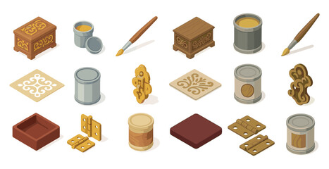 Poster - Woodworking tools isometric icons set – 3d, carpentry, crafting symbols
