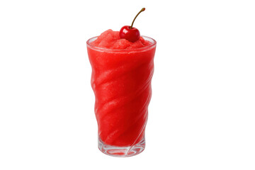 Poster - Chilled fruity slushie in clear glass, crowned with ripe red cherry, promising cool summer refreshment against clean backdrop