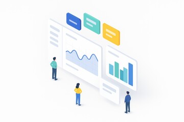 Poster - Business team analyzing abstract data charts and infographics on digital interface with light background in modern isometric style. Ai generative