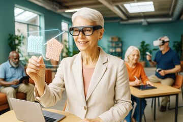 Poster - Elderly woman using augmented reality glasses to interact with virtual knitting patterns in a tech classroom setting with senior peers in background. Ai generative