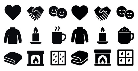 Poster - Winter and cozy solid icons set – filled, warmth, comfort symbols