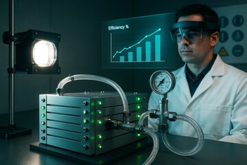 Poster - Scientist analyzing hydrogen fuel cell efficiency with futuristic interface and lab equipment under artificial light in high-tech laboratory room. Ai generative