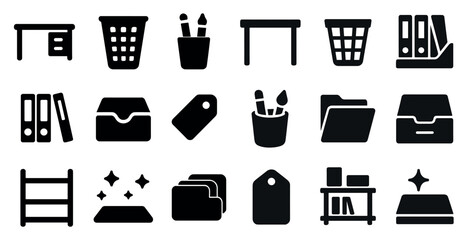 Poster - Office essentials solid icons set – filled, workspace, productivity symbols