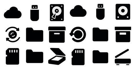 Poster - Data storage solid icons set – flat, filled, digital and archive symbols