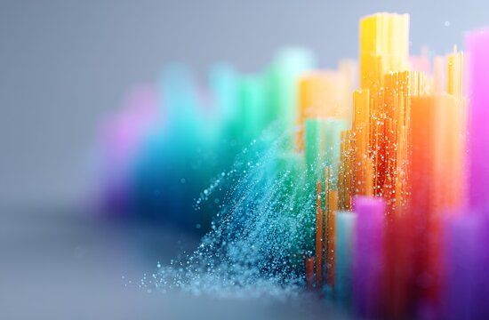 D rendered towers rise from dynamic liquid waves, surrounded by a vibrant and colorful array of abstract geometric shapes that evoke a sense of playfulness and energy