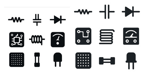 Poster - Electronic components solid icons set – silhouette, flat, circuit and device symbols