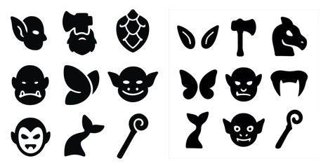 Poster - Fantasy creature silhouette icons set – mythical, monsters, magical symbols