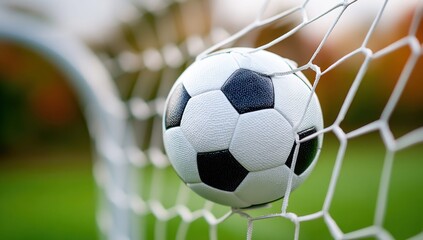A soccer ball nestled in the net after a goal, perfect for sports-themed content. The ball has a classic black and white design and sits in the goal.