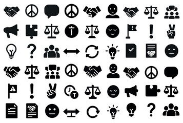 Poster - Communication and law silhouette icons set – balance, justice, and interaction symbols
