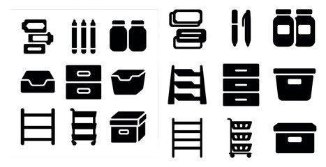 Poster - Storage and organization solid icons set – filled, flat, shelving and container symbols