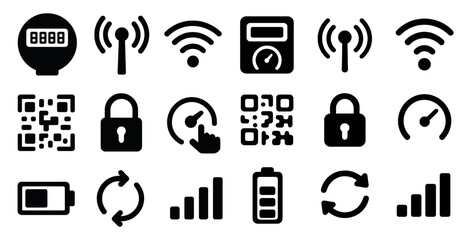 Poster - Technology and security silhouette icons set - solid, filled, cybersecurity symbols