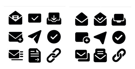 Poster - Email and communication solid icons set – silhouette, messaging, mail symbols