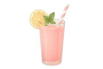 Poster - Pink smoothie featuring lemon slice, mint garnish, paper straw, resting on transparent surface with minimal background