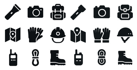 Poster - Outdoor adventure icons set – solid, camping, travel and exploration graphics