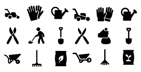 Poster - Gardening solid icons set – silhouette, filled, tools and landscaping symbols