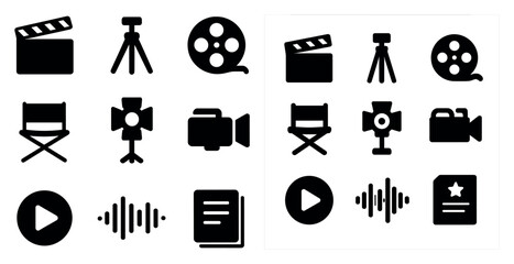 Poster - Film and video solid icons set – outline, filled, cinema and production symbols
