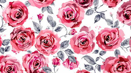 Pink roses background, Floral pattern of red flowers and leaves on a white background, seamless pattern with flowers