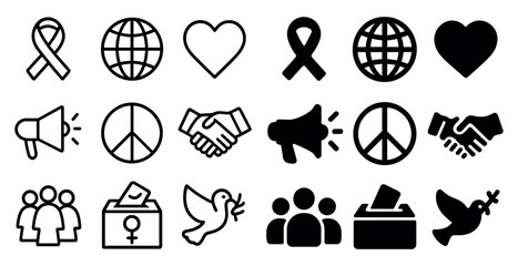 Poster - Peace and unity solid icons set – outline, filled, harmony and community symbols