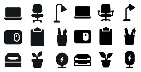 Poster - Office essentials silhouette icons set – workplace, solid, tools and furniture symbols
