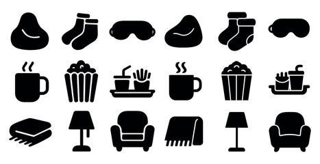 Poster - Home comforts solid icons set – outline, filled, cozy and leisure symbols
