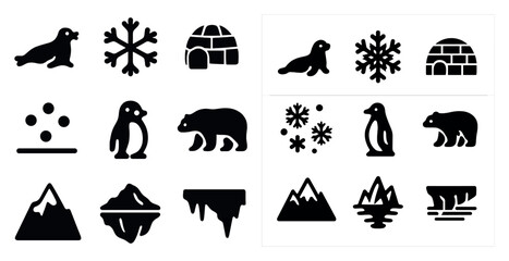 Poster - Winter and arctic silhouette icons set – penguins, igloos, snowflakes collection