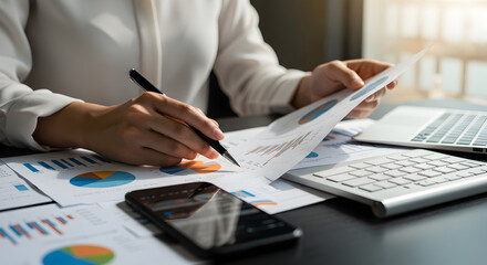 Poster - Business Analyst Reviews Financial Reports with Charts and Graphs on Black Desk With Laptop and Smart Phone in Bright Office Space