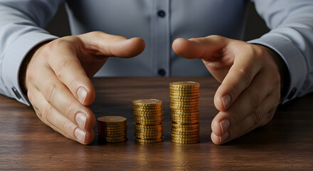 Poster - Business Person Protecting Gold Coin Stacks on Wooden Table for Financial Growth and Security