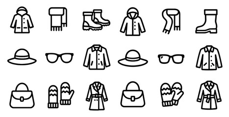 Poster - Winter clothing outline icons set – linear, line, fashion and cold weather apparel