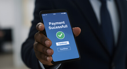 Poster - Close Up of Dark Skinned Hand Holding Black Smartphone with Payment Successful Confirmation on Blue Screen