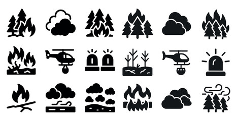 Poster - Wildfire and emergency solid icons set – silhouette, filled, disaster symbols