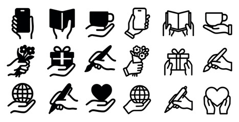 Poster - Hand gesture outline icons set – silhouette, filled, symbol and sign vectors