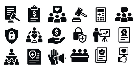 Poster - Charity and community solid icons set – filled, pixel art, social responsibility symbols