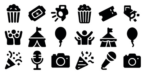 Poster - Cinema and entertainment solid icons set – filled, flat, movie and party symbols