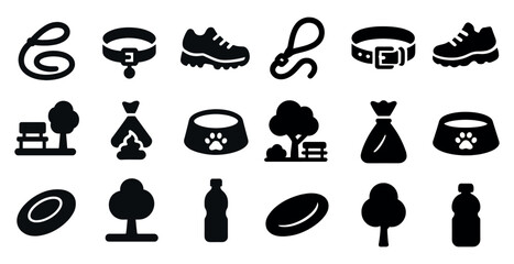 Poster - Petcare essential silhouette icons set – solid, outline, animal supplies graphics