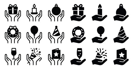 Poster - Gift and celebration solid icons set – filled, party, holiday symbols