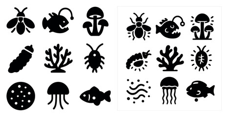 Poster - Marine life silhouette icons set – solid, filled, ocean and aquatic symbols