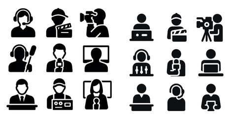 Poster - Broadcast and media silhouette icons set – solid, filled, communication symbols
